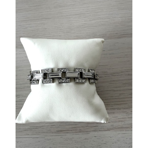 Jewelry - Silver Tone Geometric Crystal Link Bracelet Baguette Round Rhinestone Art Deco
